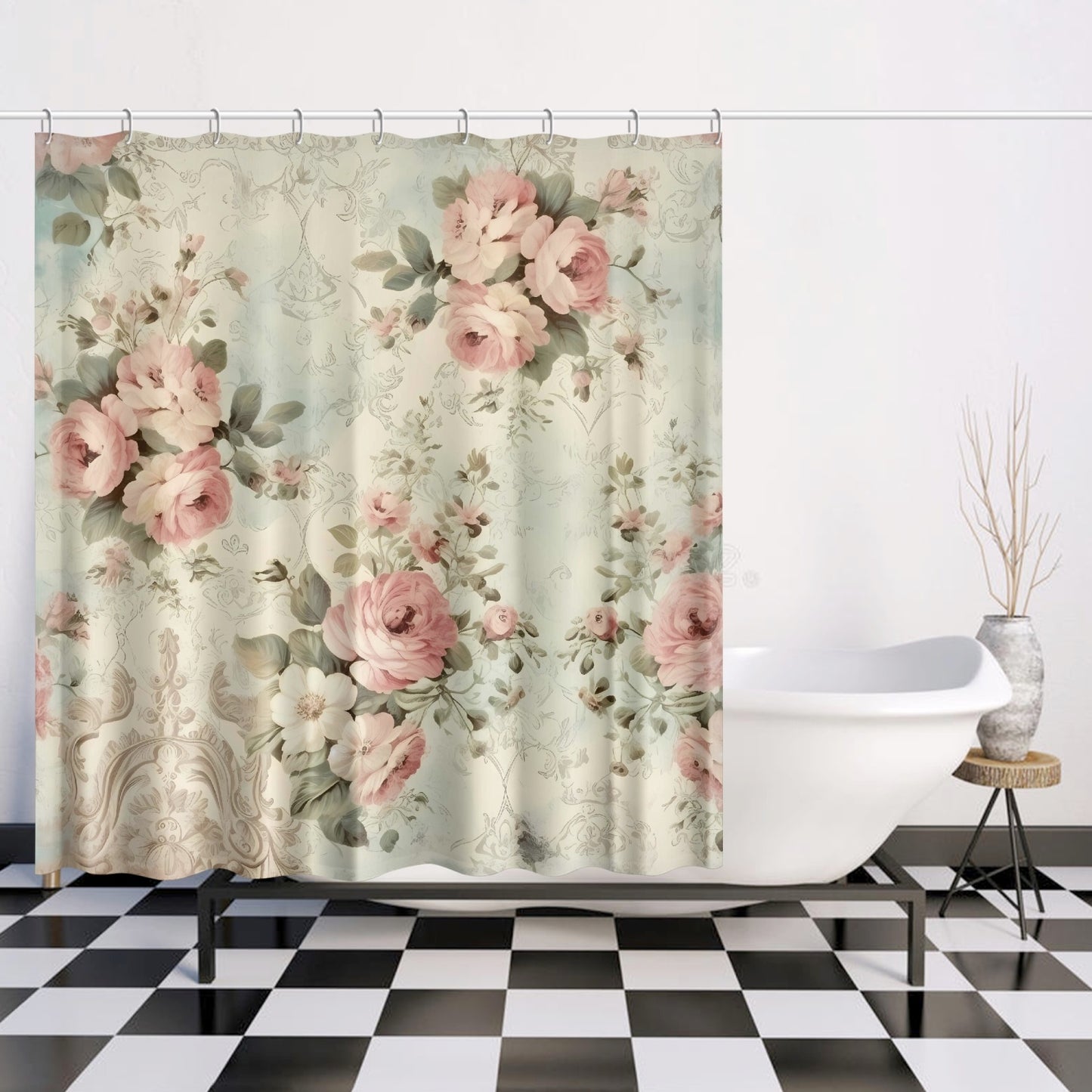 Pink roses shabby chic style, vintage inspired Quick-drying Shower Curtain