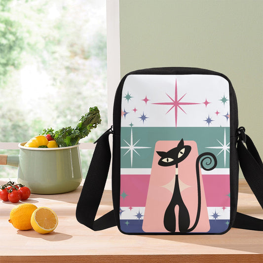 Atomic cat retro starburst Cross-Body Bag, ladies bag, MCM, Mid Century modern, black cat lover gift