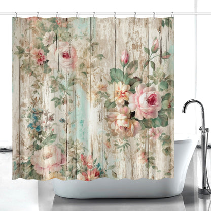 Rustic woodgrain look floral shabby chic style Quick-drying Shower Curtain