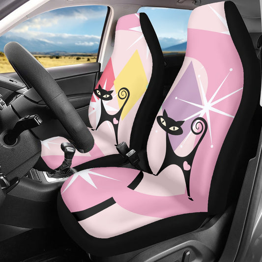 Atomic cat pink Microfiber Car Seat Covers - 3Pcs, Mid Century seat covers, MCM black cat lover, Mid Mod starburst, retro car seat covers