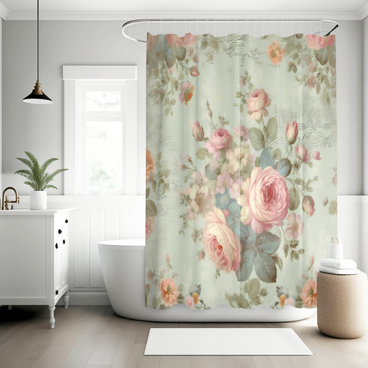 Bold pink roses shabby chic shower curtain, vintage curtains, vintage bathroom decor, country cottage garden